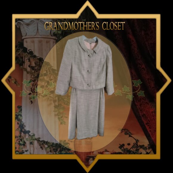 EUC: Vintage 60s Two-Piece Dress & Jacket Set Beige Textured Weave Size see desc - Picture 1 of 12